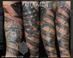 Half Sleeve Black And White American Flag Tattoo Pin On Left Half Sleeve