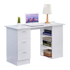 Boju Wood White Computer Desk Table With 3 Drawers And 3 Storage Shelves 4 Ft 120cm For Home Office Simple Study Writing Table Workstation For Bedroom Corner White Buy Online In Faroe Islands Homcom 360 office hippo professional left corner office desk with 3 drawer office desk high pedestal, wood, white, silver frame, 160 x 160.4 x 73 cm.