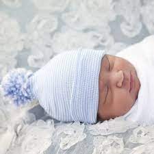Striped Baby Blue Pom Pom Newborn Boy Hospital Hat Boy Hospital Hat Newborn Hospital Hats Newborn Boy