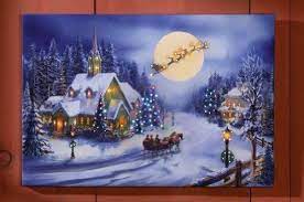 Amazon Com Decorative Fiber Optic Lighted Holiday Village Christmas Eve Night Scene Santa Reindeer Sleigh Christmas Canvas Winter Wall Decor Holiday Village