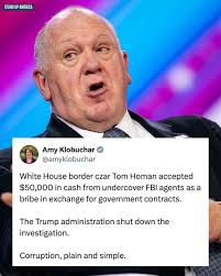 Tom Homan was RECORDED accepting $50,000 in cash from undercover FBI agents  last year, and promised to get them government contracts in a second Trump  administration. Trump's Department of Justice just stopped