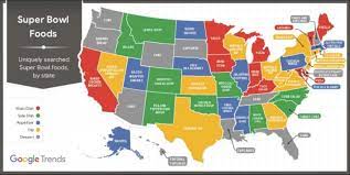 Take, for instance, this google trends map showcasing uniquely searched super bowl foods by state. supposedly the idea is that, if you were to go to a super bowl party this weekend in each state, this is what you might find in the spread alongside traditional dishes such as chili, pizza, nachos. These Google Trends Maps About What People Eat During The Super Bowl Are Just Nonsense
