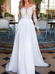 Das design von vintage brautmode ist einzigartig und berauschend und spielt mit tiefen ausschnitten am rücken und dekolleté und verleiht der braut so einen besonders weiblichen touch. Brautkleid Schlicht 2021 V Ausschnitt Langarm Spitze Chiffon Standesamtkleid Milanoo Com