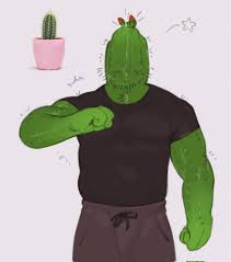 1kogito1, original, highres, 1boy, bara, beard stubble, cactus, cactus boy,  clenched hands, colored skin, faceless, faceless male, facial hair, green  skin, hand up, large pectorals, love handles, male focus, monster boy,  muscular,