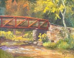 Crossing the little Lehigh” combines the organic shapes of trees and leaves  with the geometric shape formed by the bridge. This contrast, as well as  that of orange-green colors, creates interest and