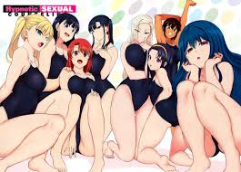 aiue oka, fujima nagisa, hiiragi suzuka, kurashiki reina, miyajima sakura,  nozaki yu, obata yui, sakagami haruno, takamine misao, saimin seishidou,  absurdres, highres, 6+girls, armpits, bare legs, bare shoulders, barefoot,  black hair, blonde