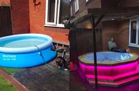 Man Builds Awesome Hot Tub Out Of A Trampoline And Inflatable Pool Hot Tub Diy Hot Tub Inflatable Pool