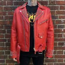 New Men S Red Color Classical Real Leather Jacket Spiked Silver Studded Shoulder Handmade Punk Black Real Leather Jacket Leather Jacket Style Leather Jacket