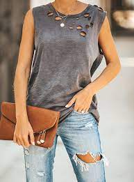 Women S Distressed Tank Top Round Neckline Longer Hemline Gray