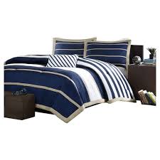 Full Queen Size Comforter Set In Navy Blue White Khaki Stripe