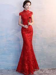 Red Embroidered Long Qipao Cheongsam Wedding Dress Gaya Model Pakaian Gaya Busana Gaun