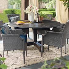 Hampton Bay Grayson 7 Piece Ash Gray Wicker Outdoor Patio Dining Set With Standard Midnight Navy Blue Cushion Patio Dining Set Navy Blue Cushions Blue Cushions