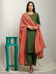 Green Hand Embroidered Cotton Kurta With Palazzo And Peach Dupatta Set Of Colour Combinations Fashion Color Combinations For Clothes Pakistani Fancy Dresses