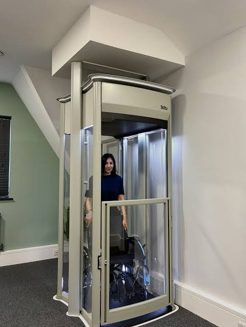 Meet the Stiltz Trio Home Lift — spacious enough for a wheelchair or up to  three people. With @amira.eltouny in #london 📍 Available worldwide 📲  WhatsApp: +44 7526 824606 #Stiltz #StiltzGlobal #HomeLifts #elevators