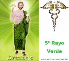 Metafisica - Asclepio, el Dios de la Medicina, y su caduceo; bara o báculo.  Trabaja en el 5º Rayo verde junto con Higía, su complemento divino, y diosa  griega de la salud.