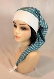 SLEEPING HAT STOCKING Cap Soft Teal Stripes Rayon and Cotton Adult Sizes