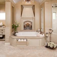 Modern farmhouse bathroom, with soaking tub under window, custom shelving and travertine tile. Natural Travertine Bathroom Floors Redefine Luxury