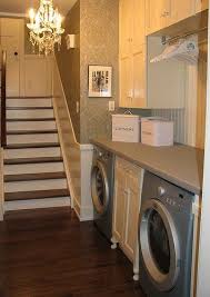 While I Don T Care For This Style I Like The Idea Of Using A Niche In A Stairway Hall For A Laundry Space Keeps A Small Waschkuchendesign Design Home Living