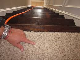 Carpeted Top Step Wood Rest Of Staircase Staircase Remodel Diy Stair Railing Makeover Flooring For Stairs