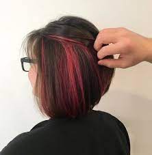 Peekaboo Highlights Woman With Dark Brown Bob With Red Hidden Highlights In It Short Hair Highlights Red Highlights In Brown Hair Hidden Hair Color