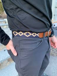 Men S Cognac Leather Corbina Navy Blue Woven Belt La Matera