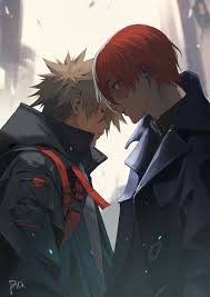 bani-lizo, bakugou katsuki, todoroki shouto, boku no hero academia,  absurdres, highres, 2boys, black sweater, blonde hair, blue coat, coat,  collared coat, collared jacket, from side, grey jacket, hair between eyes,  jacket, lapels,
