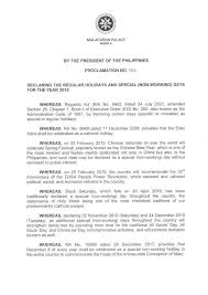 Proclamation No 555 Declaring The Regular Holidays And Special Non Working Days For The Year 2019 Presidential Communications Operations Office