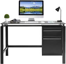 Table of the best glass computer desks reviews. Amazon Com Pataku Home Office Desk Computer Desk 46 Modern Study Writing Table With 2 Drawers Tempered Glass Desktop Metal Frame Black Kitchen Dining