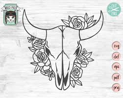 Cow Skull With Flowers Svg File Cow Skull Svg File Cow Skull Etsy In 2020 Bull Skull Tattoos Cow Skull Tattoos Skull Drawing