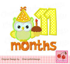 Baby 11 Months Birthday Number 11 With Owl Design For Boys New Baby Months Digital Applique 4x4 5x5 6x6 Inch Baby Boy Applique Birthday Numbers Baby Applique