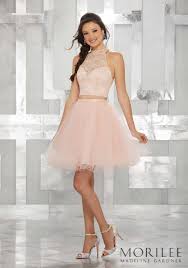 Blush Pink Two Piece Party Dress With High Halter Lace Bodice And Tulle Skirt Colors Availabl Dama Dresses Quinceanera Dama Dresses Pretty Quinceanera Dresses