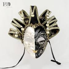 Black And White Masquerade Masks Full Face H D Full Face Women Venetian Jester Joker Masquerade Wall Mask Bells Mardi Gras For Halloween Chrismas Costume Para Mardi Gras Black And White Face Mask Party
