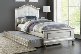 Trundle bed rolls smoothly on casters ; Poundex F9378 2 Pc Harriett Bee Dasilva Silver Finish Wood Twin Trundle Bed White Tufted Headboard Twin Trundle Bed Trundle Bed Twin Bedroom Sets