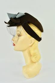 1930s Brown Wool Felt TILT Hat With Bows & Back Head Band .......size Small  to Medium