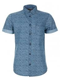 Mens Blue Leopard Denim Short Sleeve Shirt