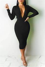 Deep V Neck Long Sleeve Midi Dress Mid Calf Dresses Long Sleeve Midi Dress Fashion