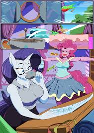 1954293 - safe, artist:vale-city, pinkie pie, rarity, anthro,  comic:twilight's potion, absurd resolution, armpits, breasts, busty rarity,  carousel boutique, chubby, clothes, coffee, cup, drinking, eyes closed,  midriff, open mouth, pantyhose, skirt ...