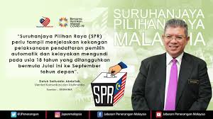Pengumuman penuh keputusan rasmi prn sabah oleh suruhanjaya pilihan raya (spr). Suruhanjaya Pilihan Raya Spr Perlu Tampil Menjelaskan Kekangan Pelaksanaan Pendaftaran Pemilih Automatik Dan Kelayakan Mengundi Pada Usia 18 Tahun Yang Ditangguhkan Bermula Julai Ini Ke September Tahun Depan Jabatan Penerangan Malaysia
