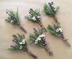 Natural Style Tied Buttons Using Rosemary Dried Lavender Heather And Waxflower Wedding Flowers Pieces Wedding Wedding Decorations