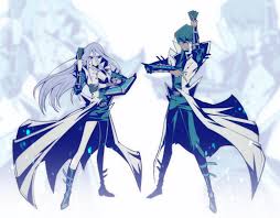 kaiba seto, kisara (yu-gi-oh!), yu-gi-oh!, yu-gi-oh! duel monsters,  highres, 1boy, 1girl, blurry, blurry background, card, coat, cosplay, duel  disk, full body, holding, holding card, hsilver0 9, kaiba seto (cosplay),  limited palette, long