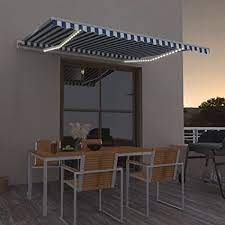 Festnight Electric Articulated Arm Awning With Lighting Retractable Awning Patio Awning Balcony Awning Sun Protection Patio Balcony (400 X 350 Cm, Blue/White) - Awnings Electric