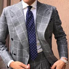 Black And White Check Suit Mens Men S Grey Check Suit White Oxford Shirt Navy Polka Dot Tie Mens Outfits Mens Fashion Smart White Shirt Men