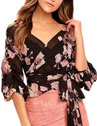 Haoduoyi Womens Chiffon Floral Print Wrap V Neck Top Blouse With Tie