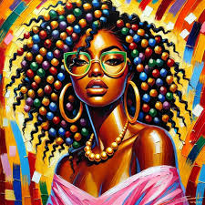 A vibrant Fauvist-style painting of a glamorous, golden bronze-toned Black  woman with long, curly locs that fall gracefully over her shoulders,  adorned with a scattering of vibrant red and yellow beads. She