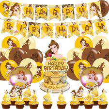 Amazon.com: Decoraciones de fiesta de princesa Bella, suministros de fiesta  de cumpleaños para la bella y la bestia, incluye pancarta, decoración de  pastel, 12 adornos para cupcakes, 18 globos, 2 globos de