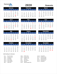 2020 Calendar Romania With Holidays