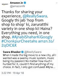 Best known for her supporting work in mainstream productions and starring roles in independent films. Amazon India Deletes Tweet Featuring Swara Bhasker S Endorsement After Massive Twitter Outrage