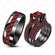 Round Red Garnet Men S Women S Engagement Ring Set In Black Gold Fn Free Gift Black Gold Ring Wedding Ring Trio Sets Black Wedding Rings