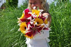 Bright Summer Bouquet Of Stargazer Lilies Roses And Gerbera Daisies Floral Wedding Wedding Florist Summer Bouquet
