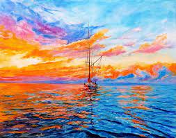 Bright Colors Sunset Painting Sailboat